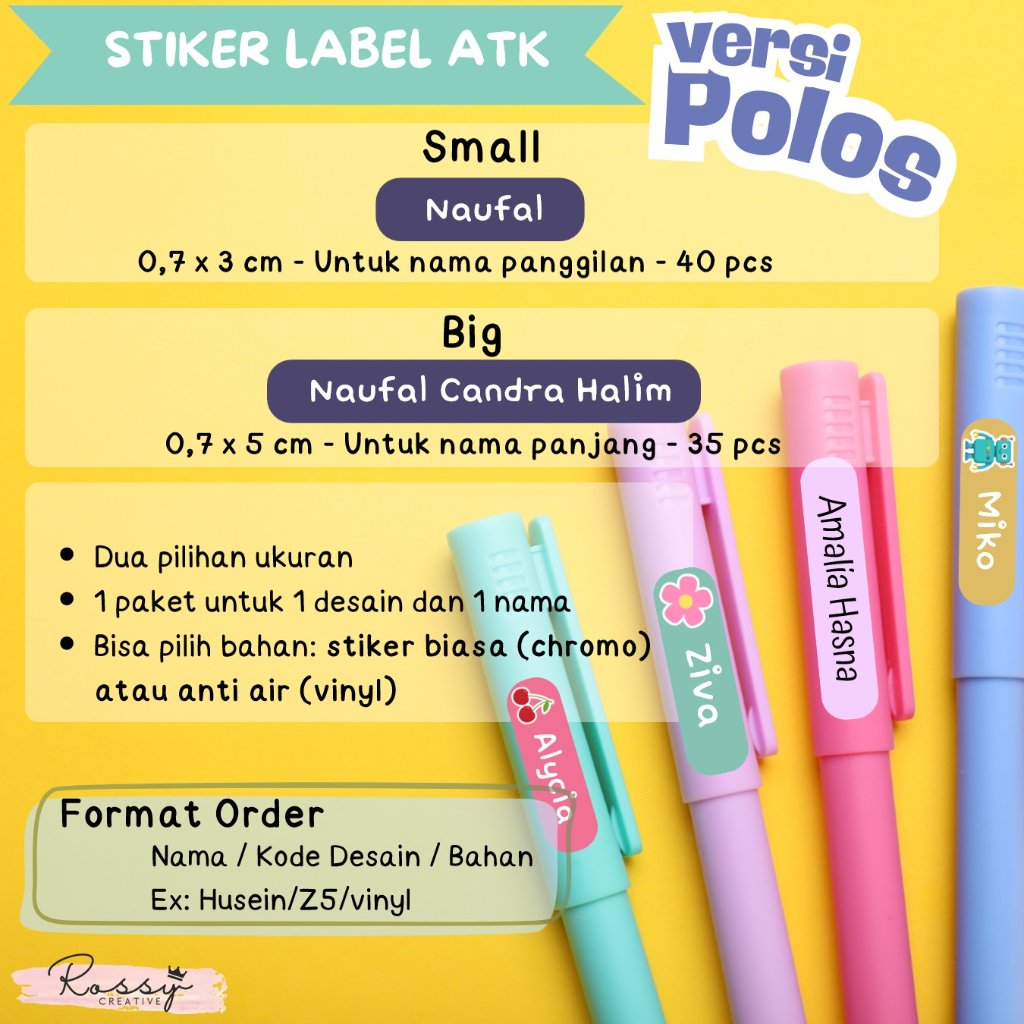 (Polos) Stiker label nama pensil - stiker custom nama pensil - stiker pulpen custom