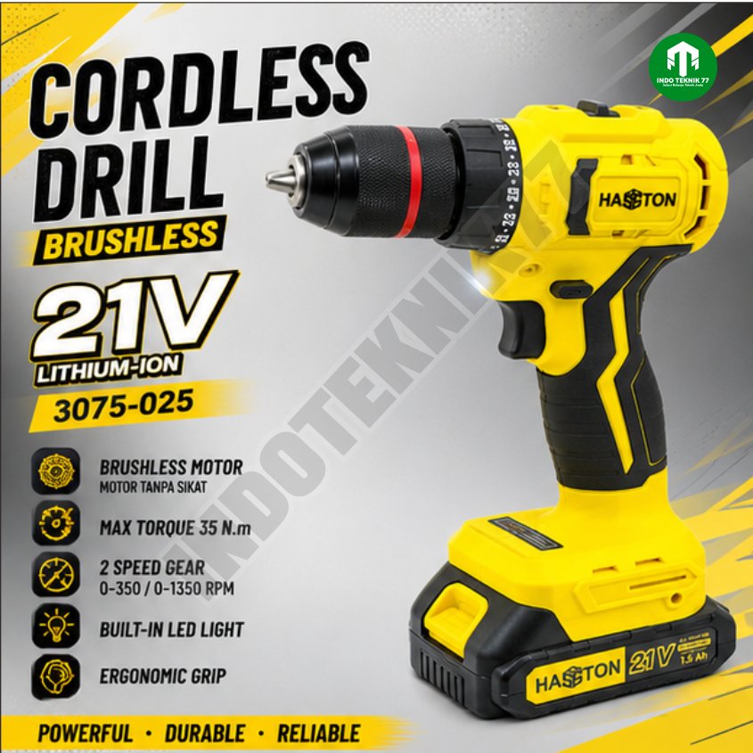 Mesin Bor CORDLESS 10mm HASSTON 3075-025 21V / Mesin Bor Tangan BATERAI Kayu Besi Beton 3075 025 - I