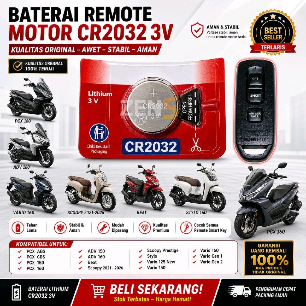 Batu Baterai Batre Remot Motor Keyless Smart key HONDA Beat Deluxe VARIO PCX ADV SCOOPY 2021-2026 ST