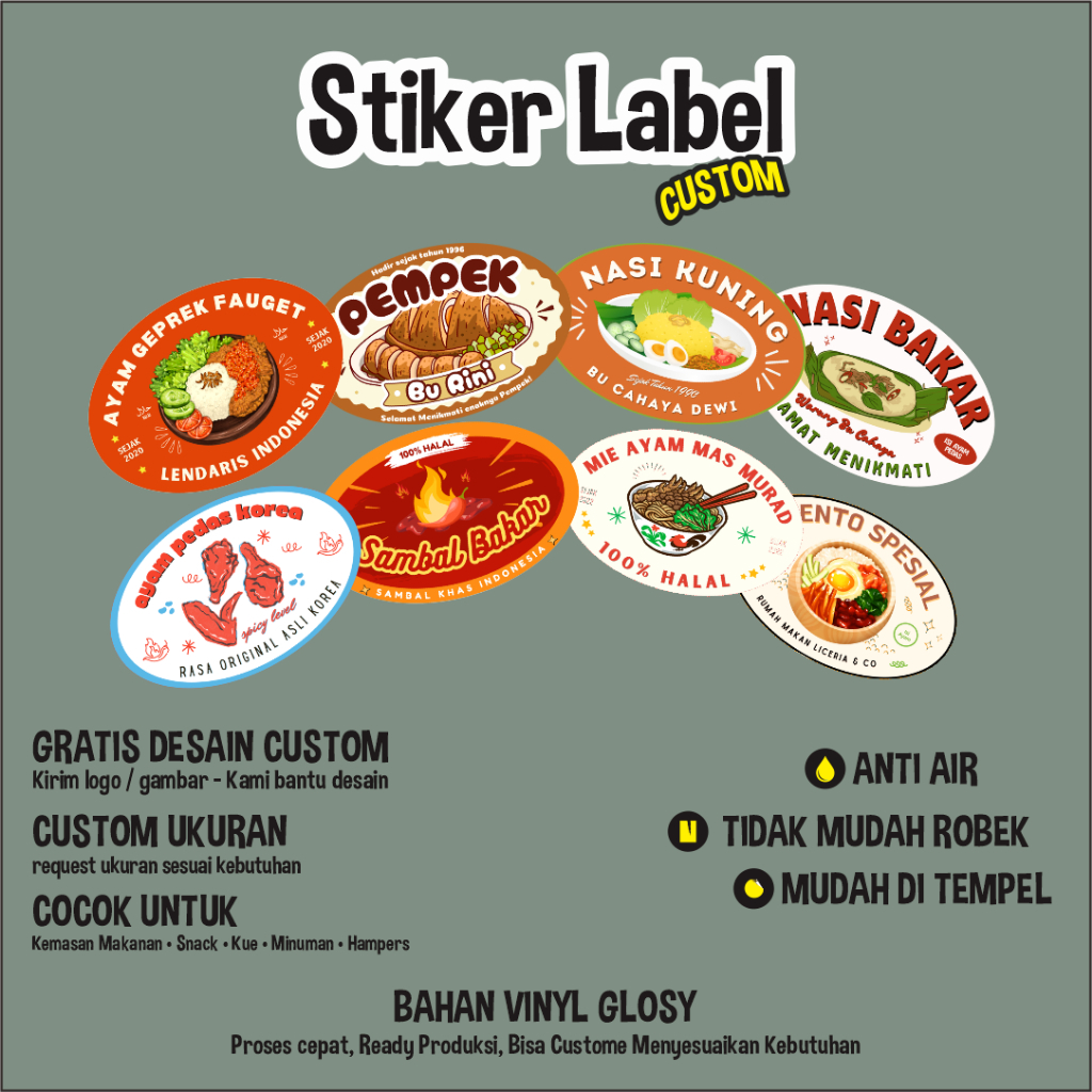 Stiker Label Produk Custom Oval | Logo Kemasan Makanan & Snack | Vinyl Glossy Waterproof