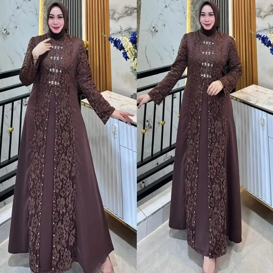 Azeera Dress Gamis Model Cheongsam Brukat Terbaru Berbahan Velvet Mix Brukat Chantily Plus Payet Mew