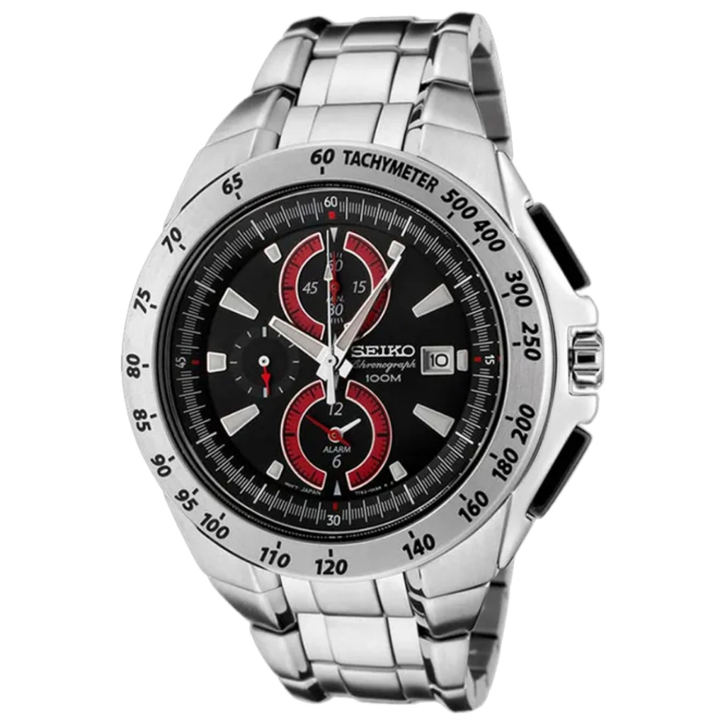 Galery Jam Tangan Seiko SNAB07P1 Chronograph Alarm Black Dial Stainless Steel Strap