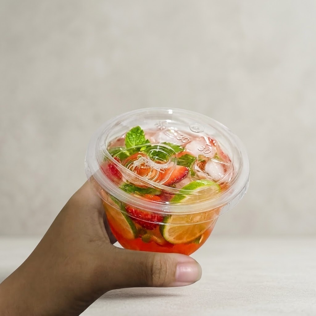 GELAS PLASTIK 10 OZ U CUP PP 10oz BSM + TUTUP CEMBUNG / DATAR STRAWLESS (50 PCS)