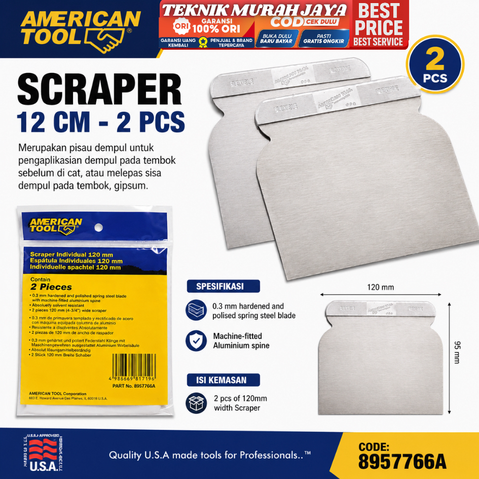 AMERICAN TOOL 8957766A Scraper Kape Stenlis SET 2 PCS LEBAR 12 CM BESAR Kapi Stainless Steel Dempul 