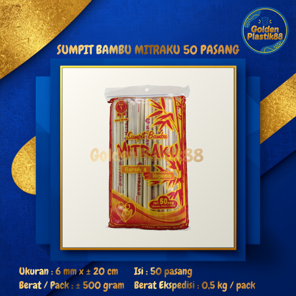 Sumpit Bambu Higienis Isi 50 Pasang / Sumpit Mitraku 6mm x 20cm / Sumpit Bambu / Sumpit Kayu 50 Pasa