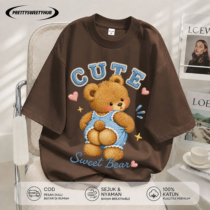 Pretty Sweety Hub - Kaos Unisex Oversize Lengan Pendek Pria Wanita Motif Beruang Butter Cute Korean 
