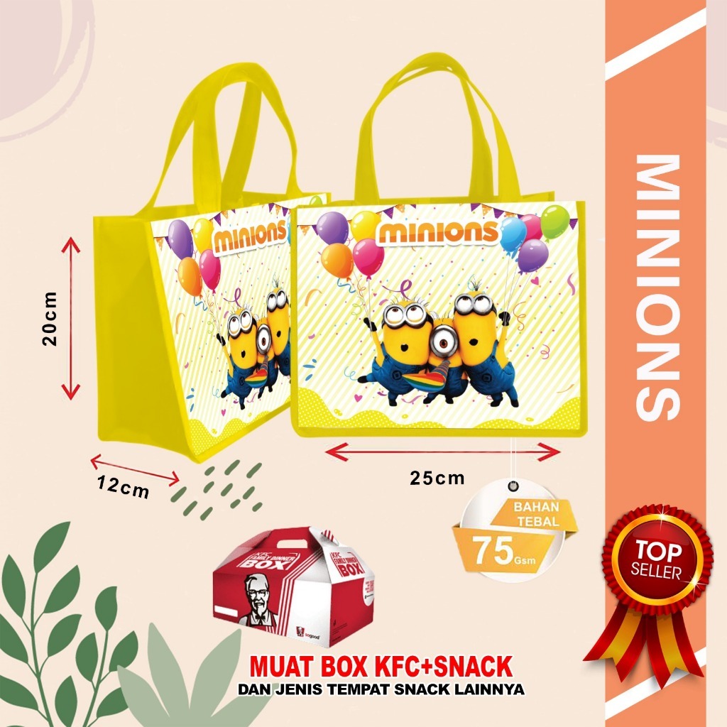 Tas Ultah Minion Goodie Bag Kuning Tebal Spunbond 25x20cm Tahan Lama Unik