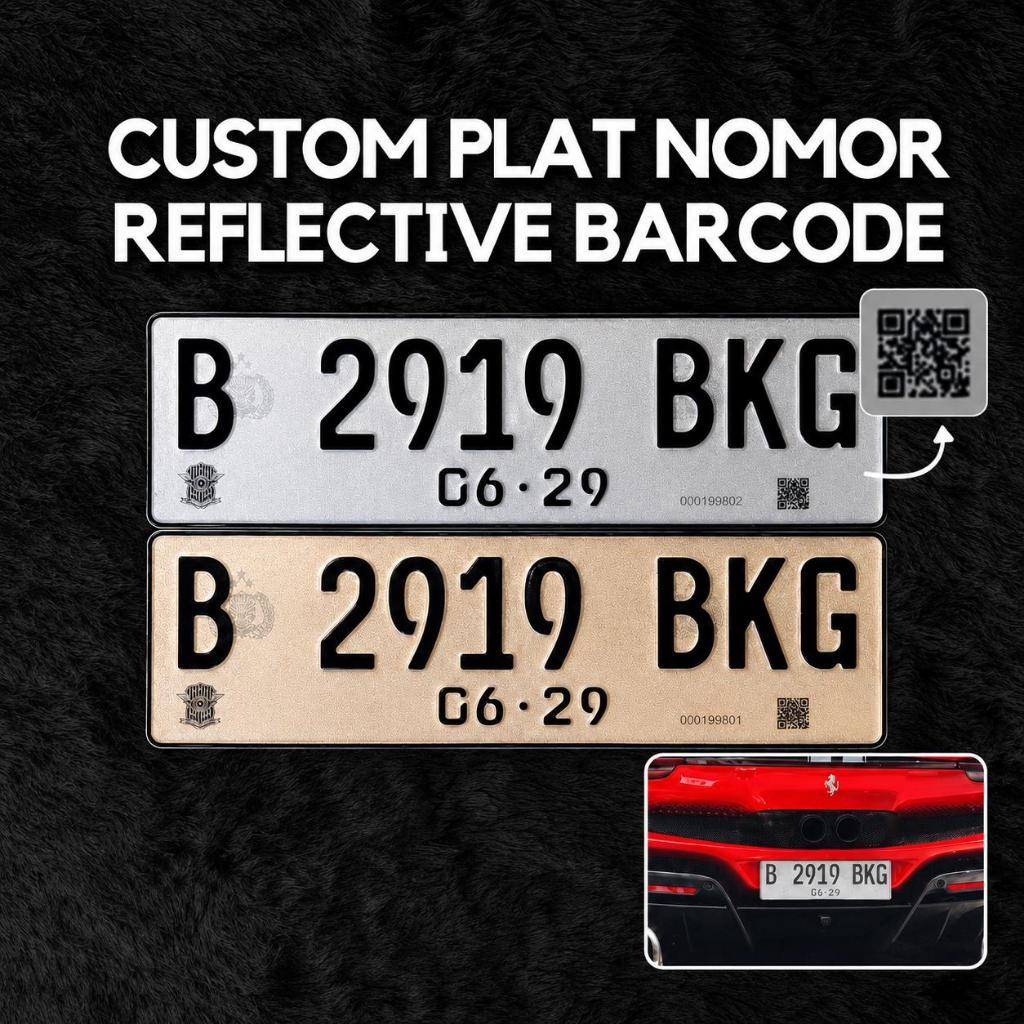 Custom Plat Reflektif Barcode Putih Sepasang