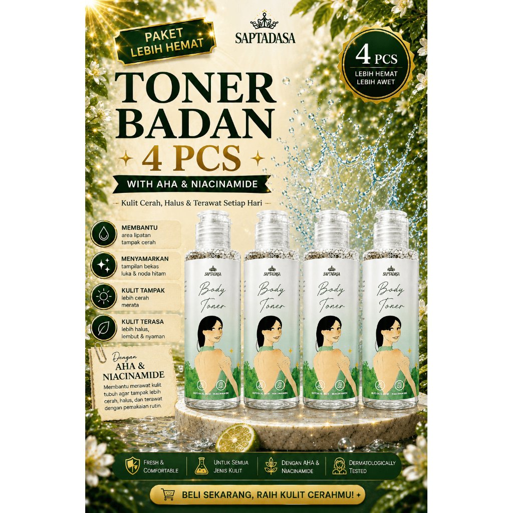 Toner Badan SAPTADASA 4 PCS – Whitening Aman Free Kapas | Efek Usap Langsung Cerah