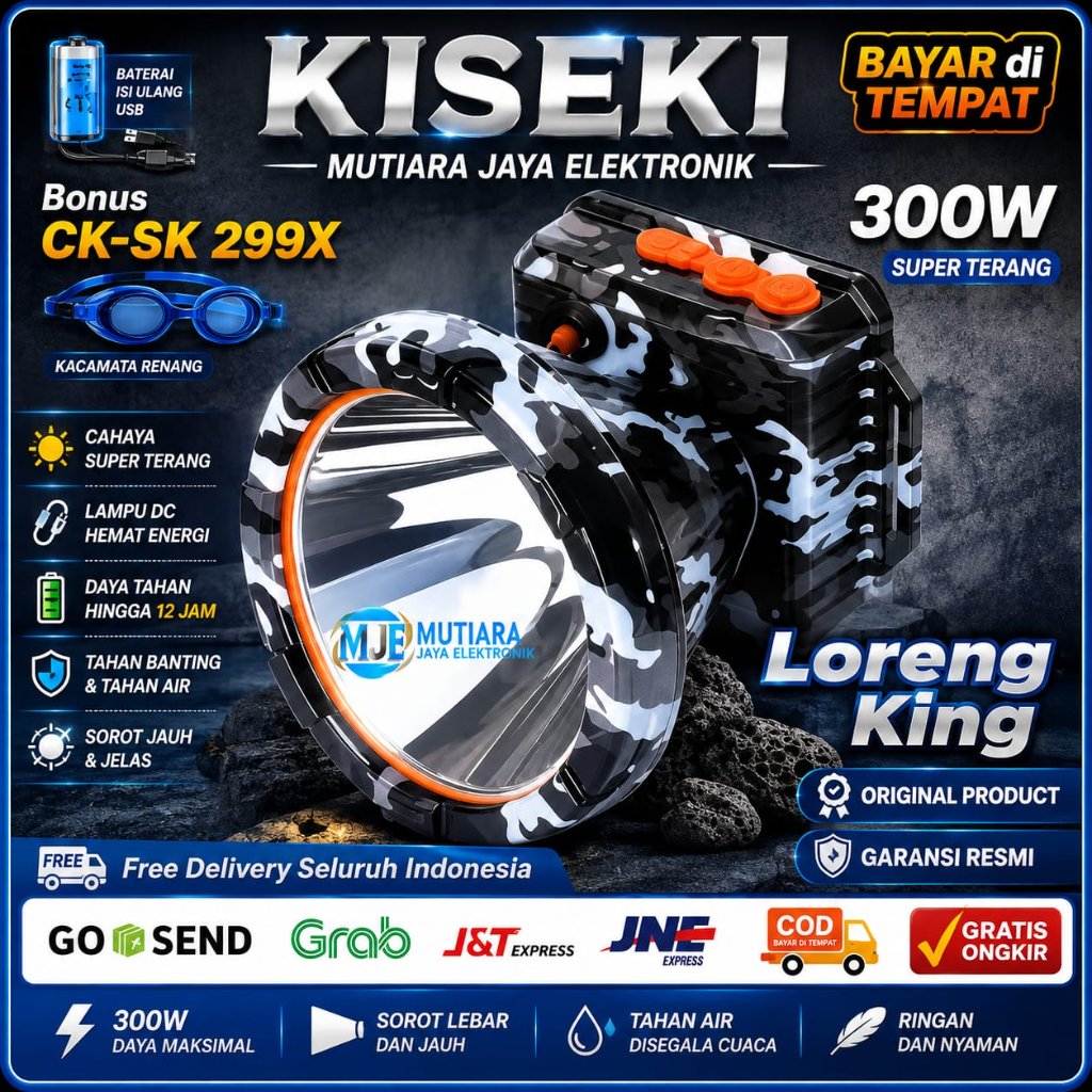 KISEKI Senter Kepala Army CK-CK299X 300W 6000mAh Cahaya Putih Tahan 12 Jam NEW