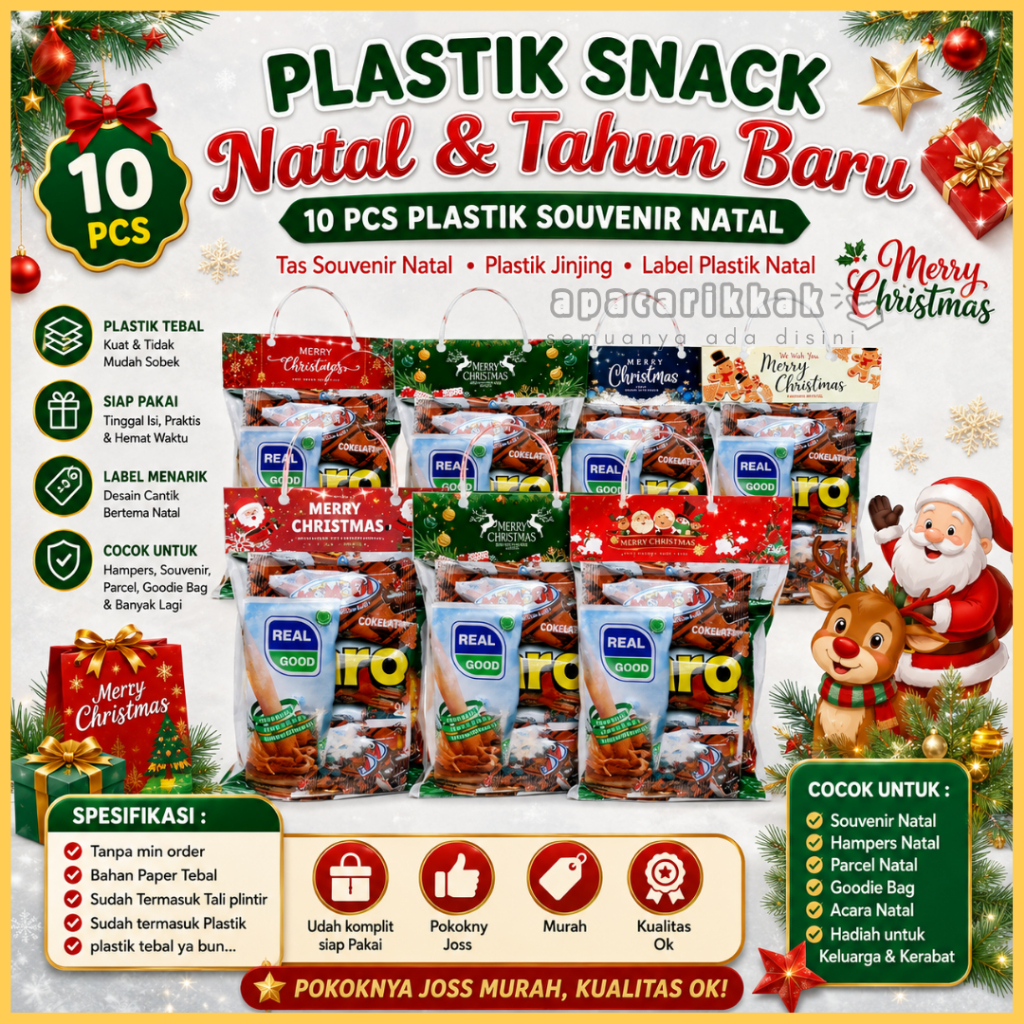 10 Pcs Plastik Snack Natal/Tas Souvenir Natal Jinjing/Label Plastik Snack Natal 2024