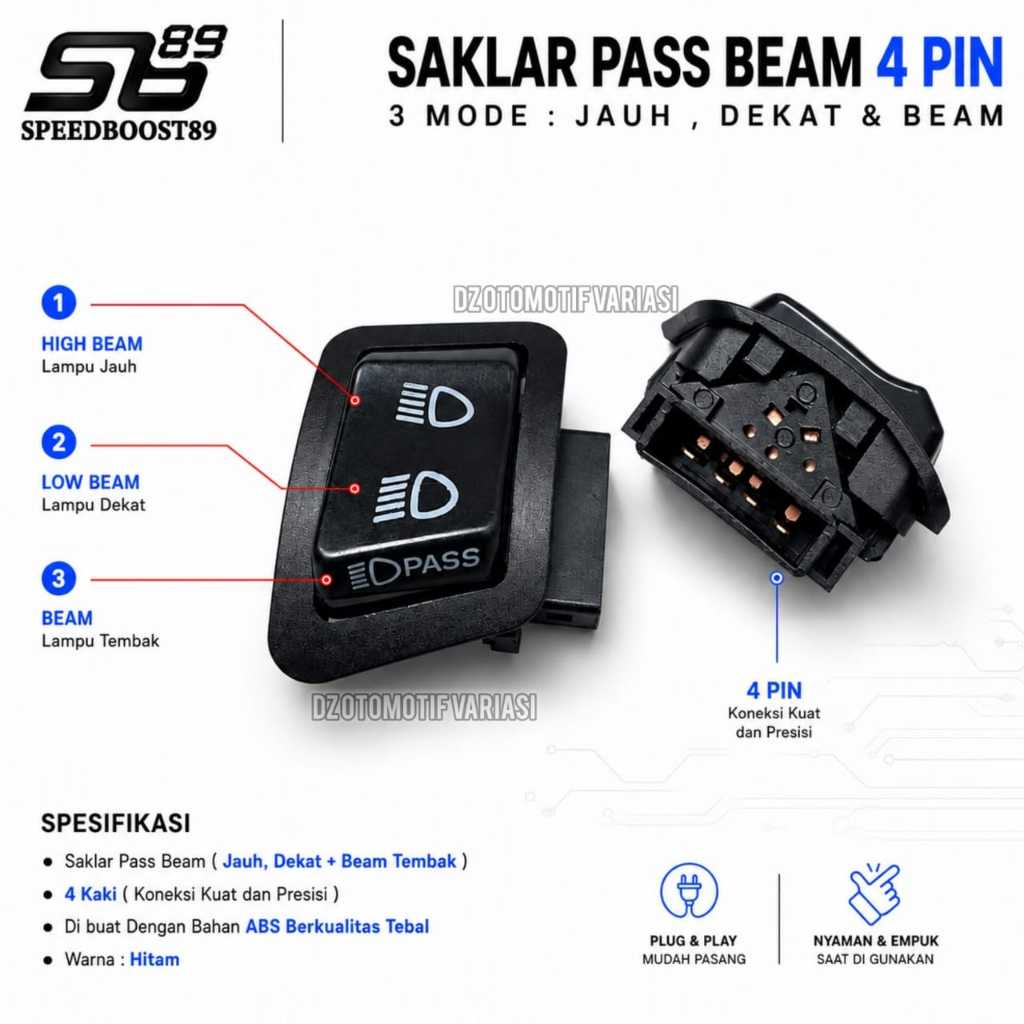 Saklar Pass Beam 4 Pin Tombol Pass Beam Hitam Motor Honda Saklar Vietnam / Saklar Pass Beam 4 Kaki