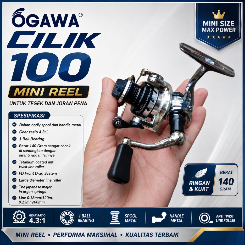 Reel Pancing Ogawa Cilik 100 Mini Reel Full Besi Kuat Joran Pena Tegek