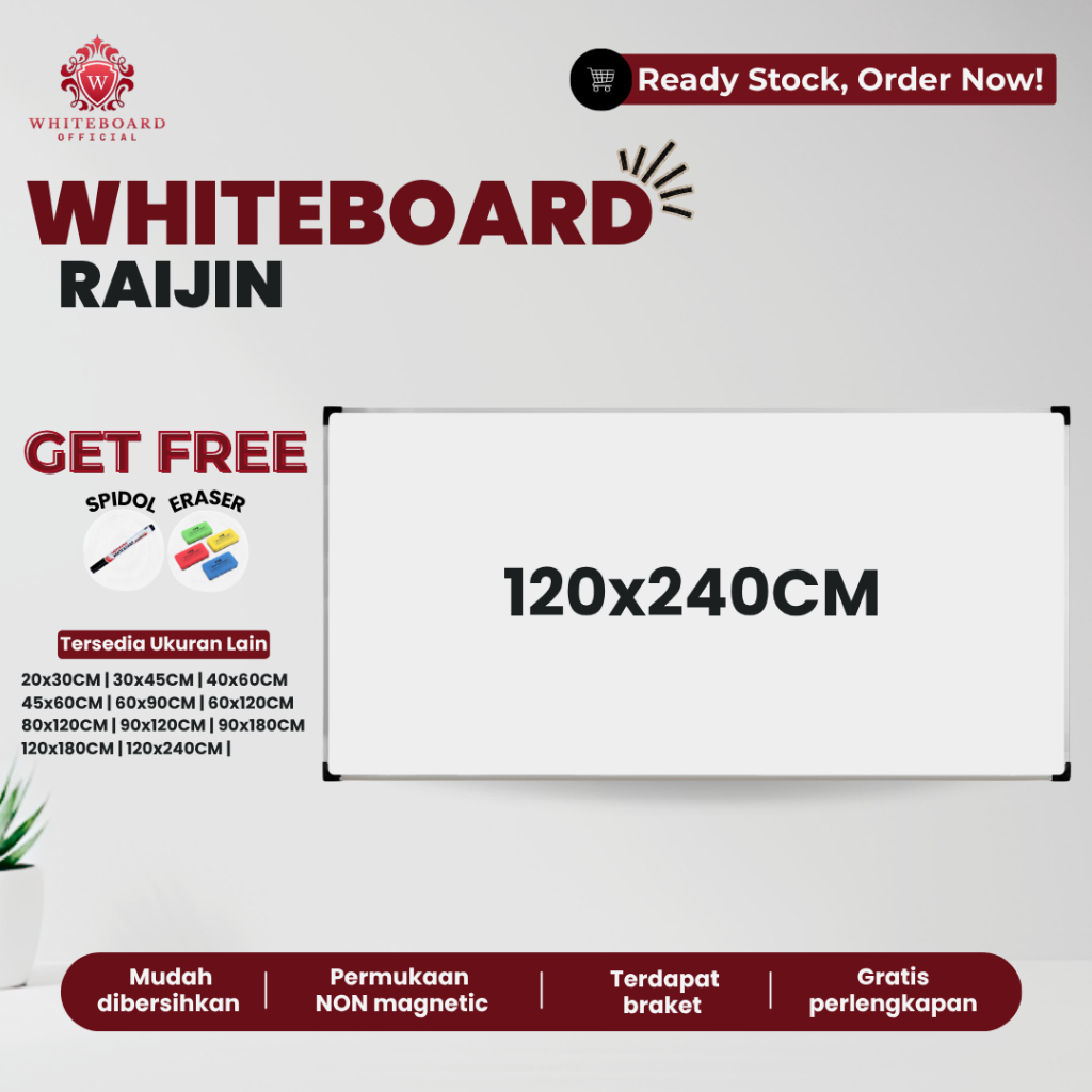 RAIJIN Papan Tulis White Board 120x240cm / Whiteboard Non Magnet Gantung Mudah Ditulis & Dihapus