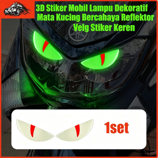 3D Stiker Mobil Dekoratif Lampu Mata Kucing Bercahaya Reflektor Velg Stiker Keren