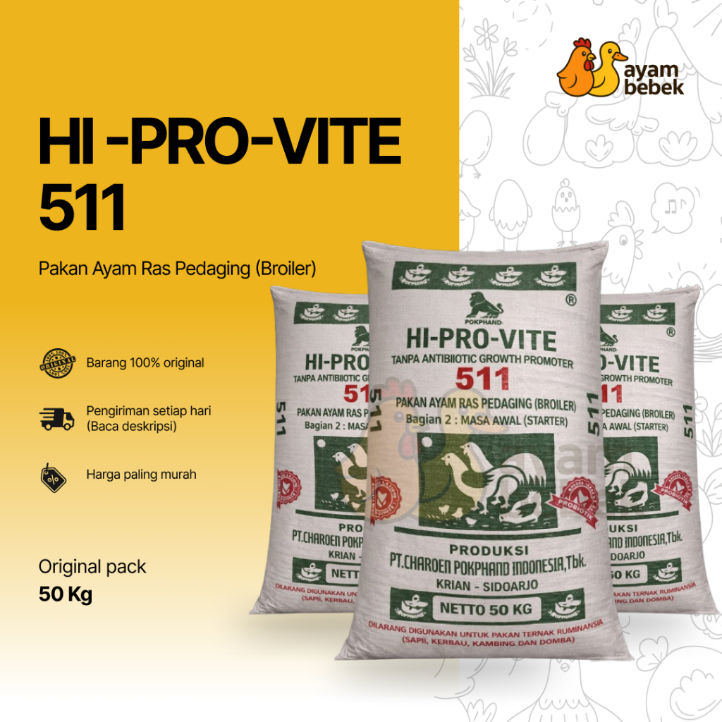 HI-PRO-VITE 511 | Pakan Ayam Pedaging Bagian 2: Masa Awal (Starter) | GROSIR 20KG - 50KG | Emak Farm