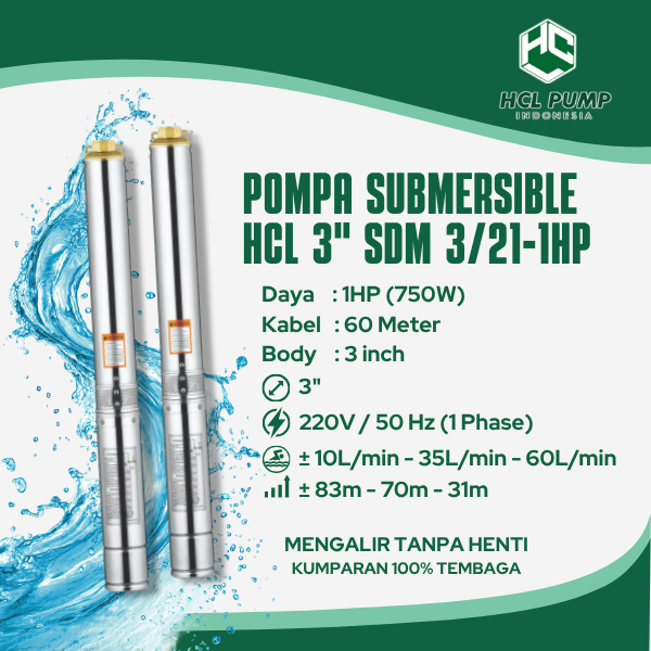 Submersible PUMP HCL 3'' 1HP + Control Box + Kabel 60 Meter / Pompa HCL Cable 60m / Pompa Sumur Dala