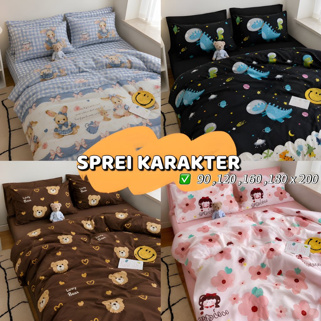 SPREI KARAKTER UK. 90 120 160 180 X 200 SINGLE KARET ANTI GESER AESTHETIC HOMEMADE / SPREI KARTUN MO