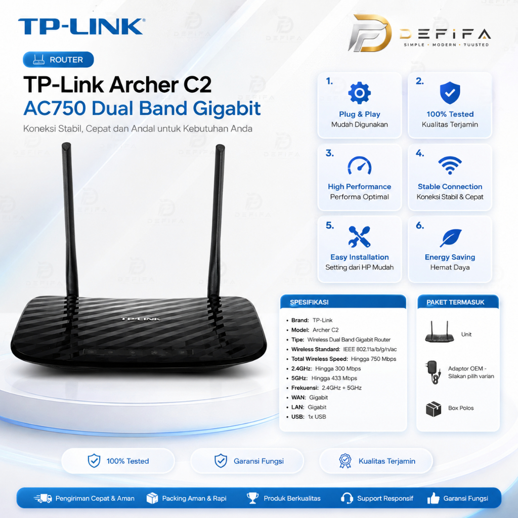 TP-Link Archer C2 AC750 Dual Band Gigabit WiFi Router 2.4GHz 5GHz
