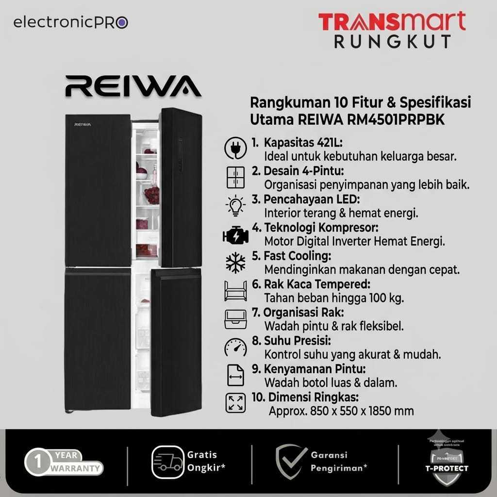 REIWA LEMARI ES 4 PINTU 421L RM4501PRPBK [ KHUSUS  INSTANT / SAMEDAY ]