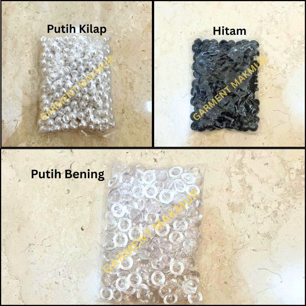 Kancing Jamur Kristal Hitam Putih Bening Kilap | Kancing Jamur Bulat Timbul Kristal Mutiara 20L | Ka