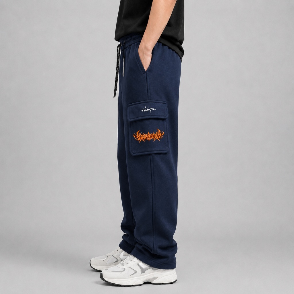 Hedent inv. Celana Cargo Pria Urban Style Model Loose Pants Kantong Samping Warna Biru Navy Celana P