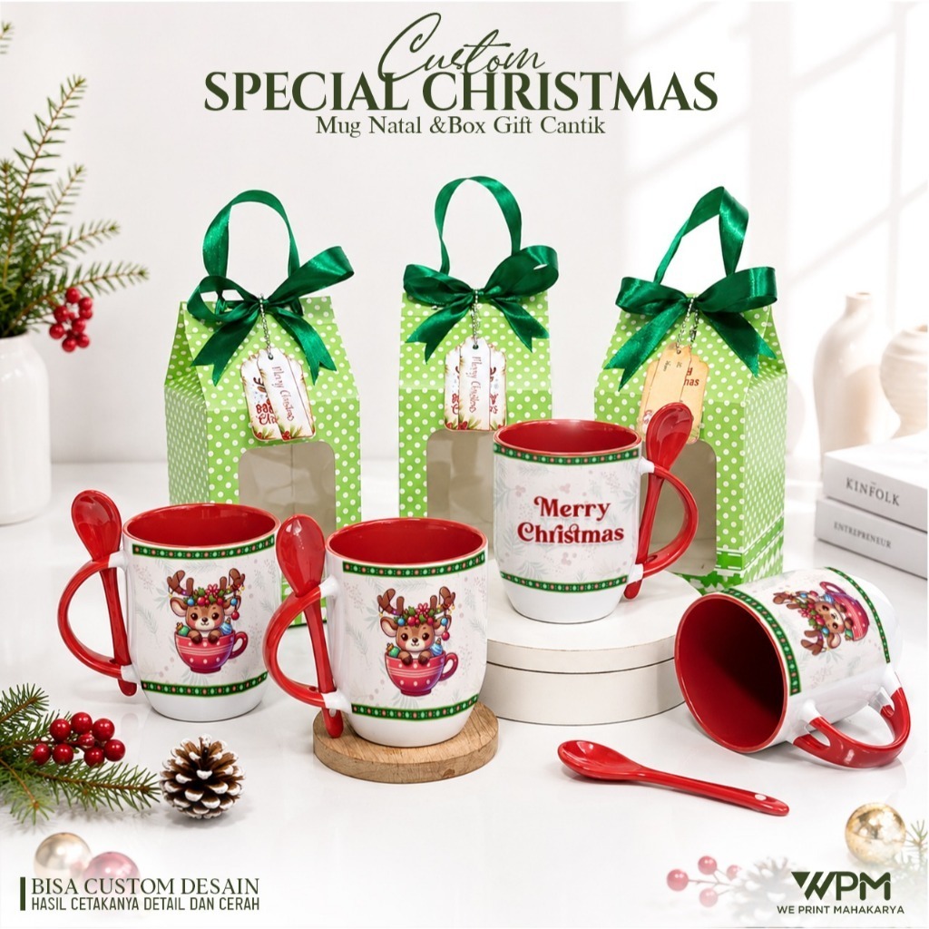 MUG NATAL CUSTOM / MUG NATAL CUSTOM / MUG SENDOK / MUG STANDAR / MUG MEME CUSTOM  NATAL PACKING BOX 