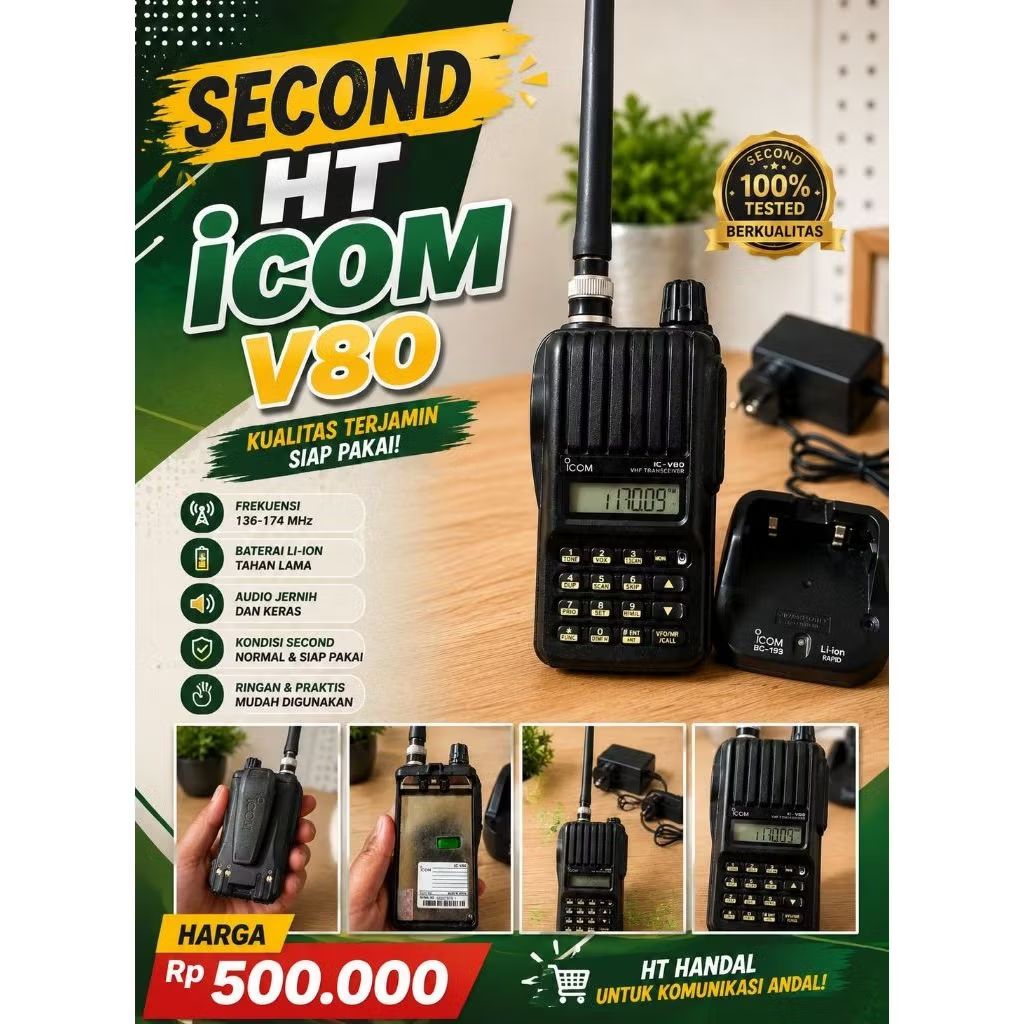 (SECOND) HT ICOM V80 Second Berkualitas dengan Baterai Li-Ion Frekuensi 136-174 MHz