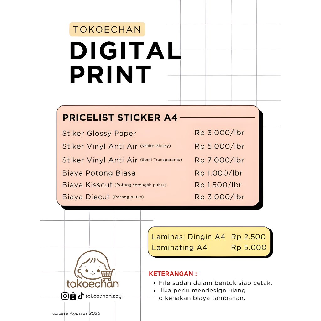 Digital Print Stiker Paper A4 / Cetak Stiker A4 Cetak Stiker Kisscut Sticker Diecut