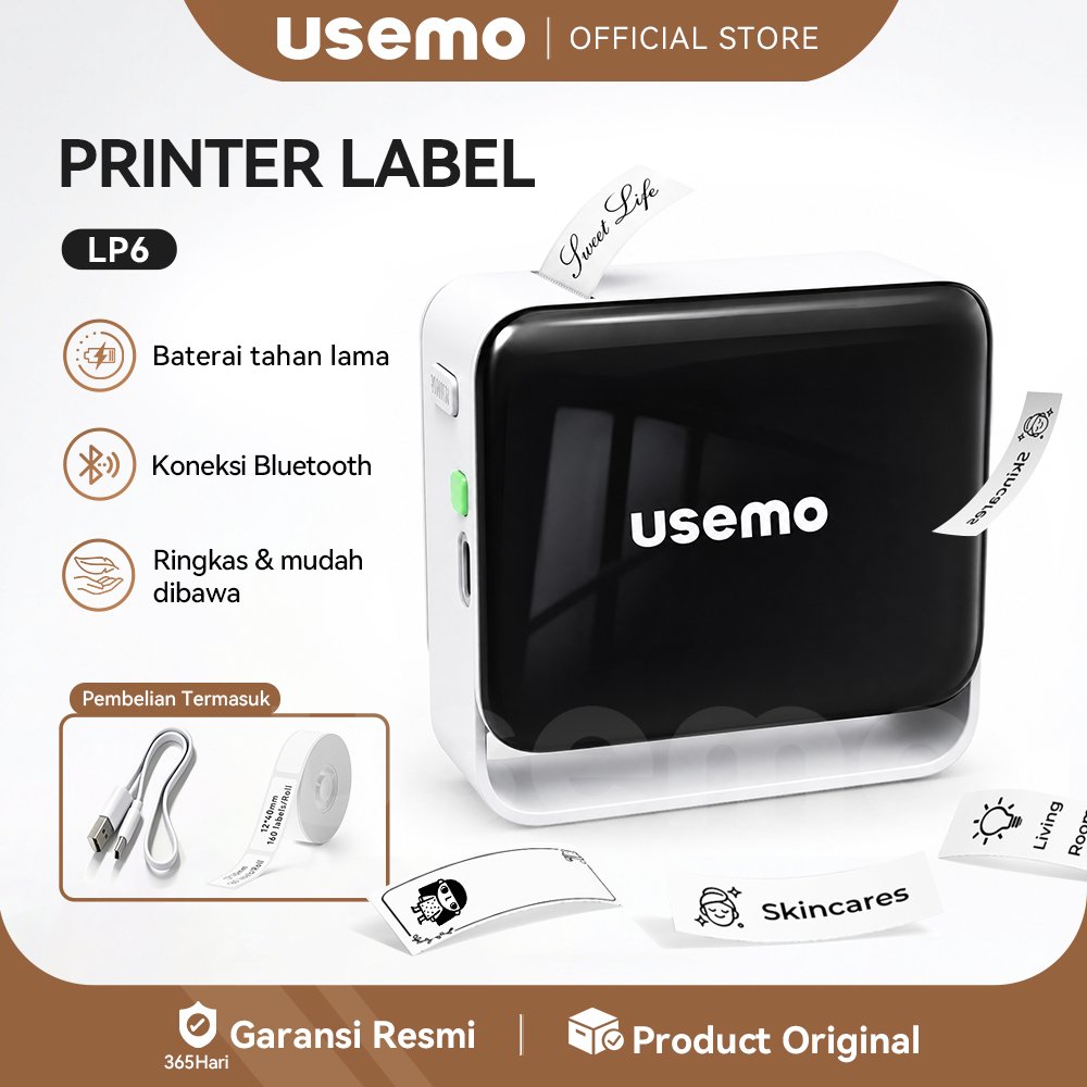 USEMO LP6 Printer Label Thermal Bluetooth Mini Portable Nirkabel Printer Stiker Label Barcode Resi