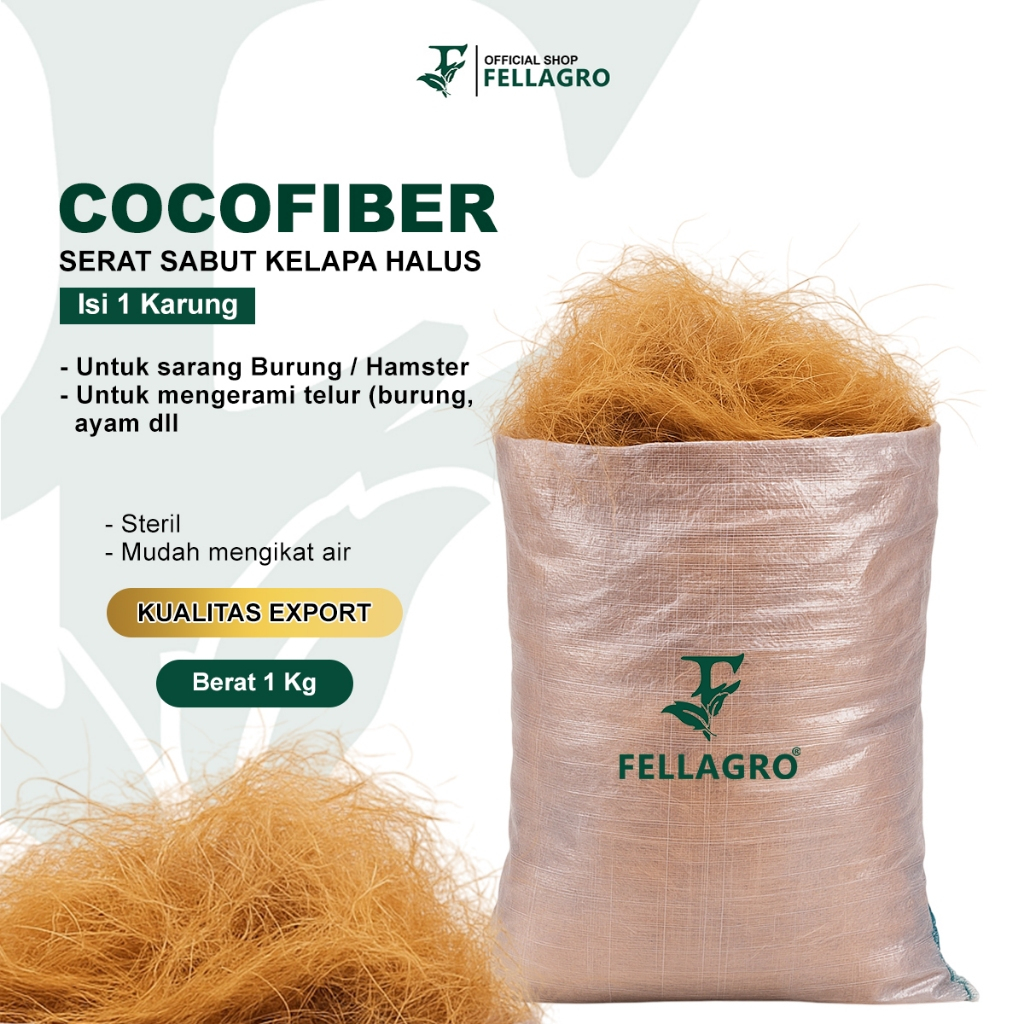 FELLAGRO Cocofiber 1 Karung isi 1Kg Serat Sabut Kelapa Halus Kualitas Export untuk Sarang Burung Aya