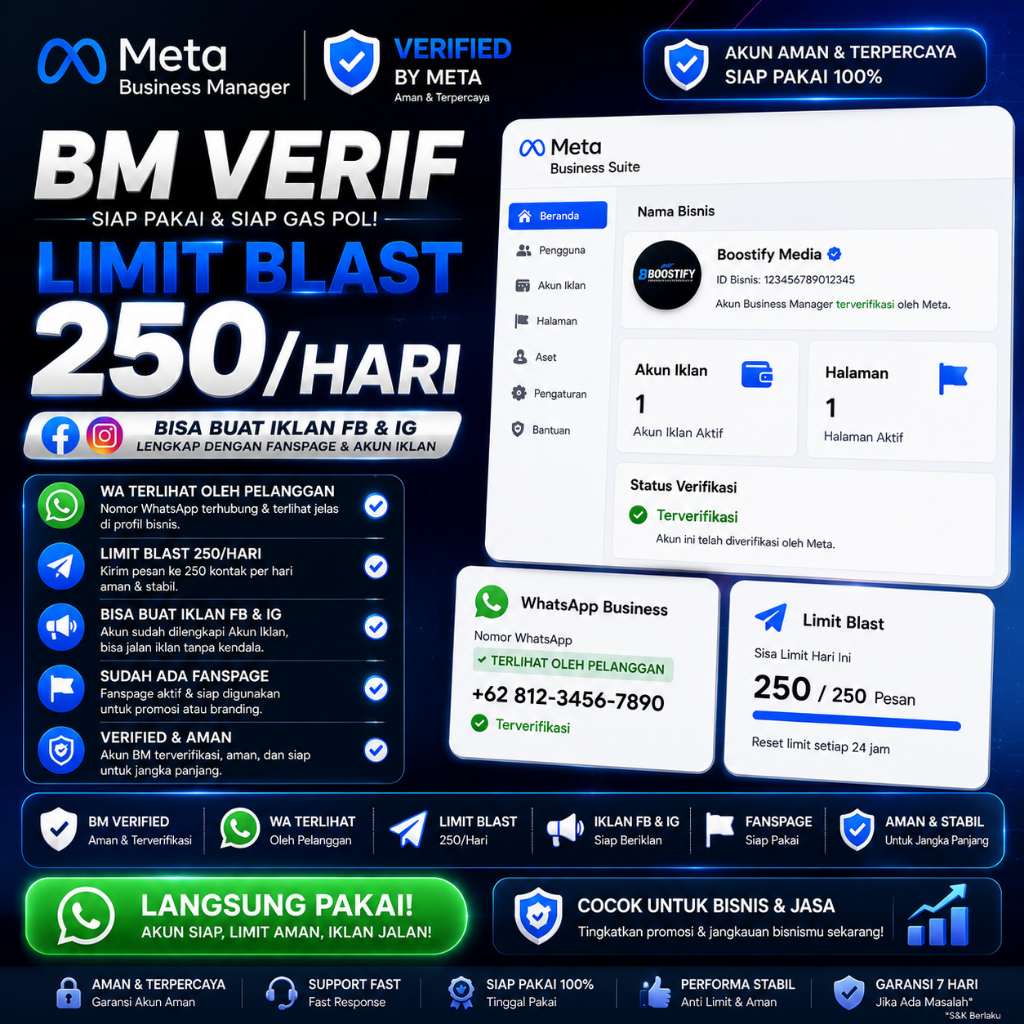 META BUSINESS MANAGER VERIFIED + WHATSAPP LIMIT 250 PESAN/HARI , FANSPAGE , SIAP IKLAN