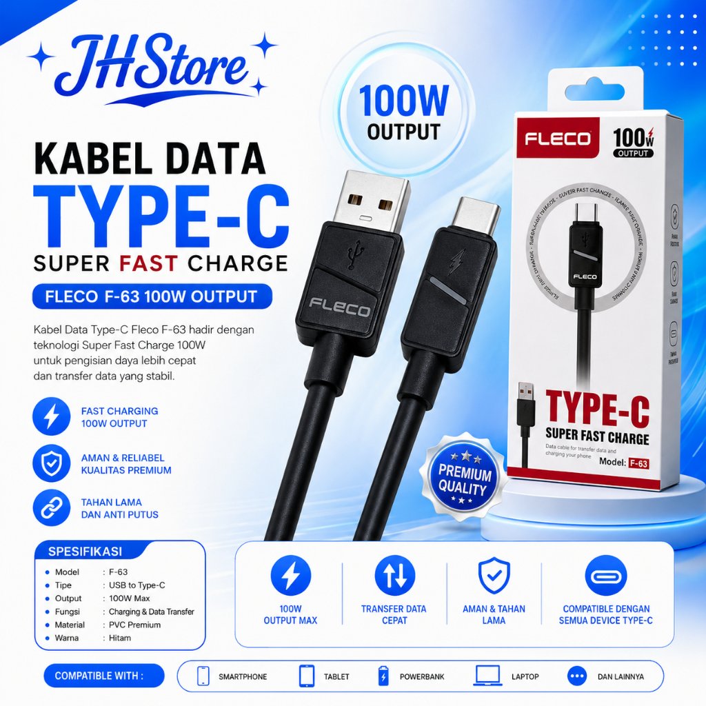 Super Fast Data Cable ORIGINAL FLECO F-63 6A Led 100W USB To MICRO / Type-C