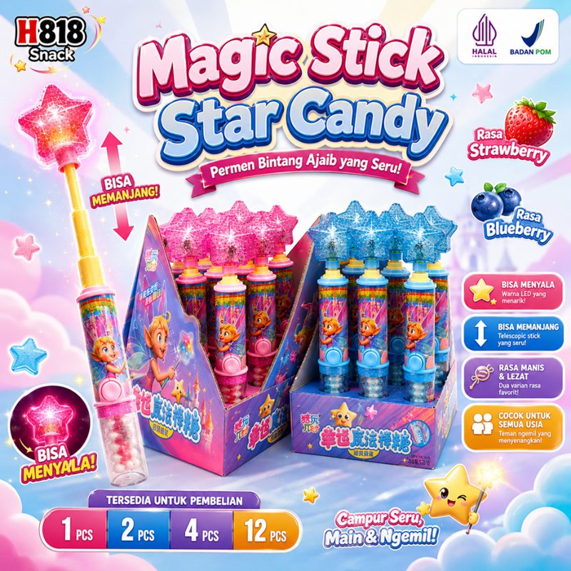 Magic Stick Star Candy– Permen Lolipop Bintang LED Lampu Menyala Rasa Buah | Permen Halal Mainan Ana