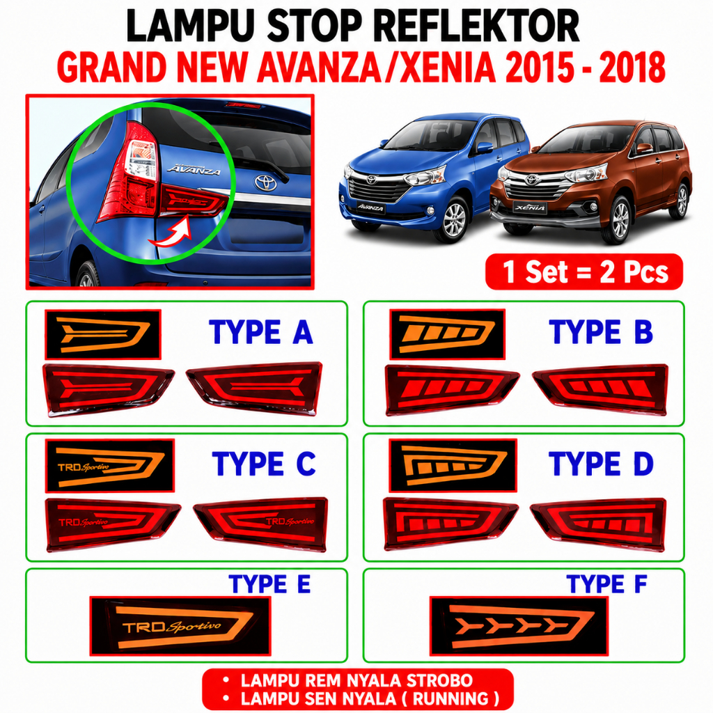 Lampu Reflektor Bagasi Belakang Grand Avanza Xenia Veloz 2015-2018 LED Bumper Belakang Aksesoris Mob