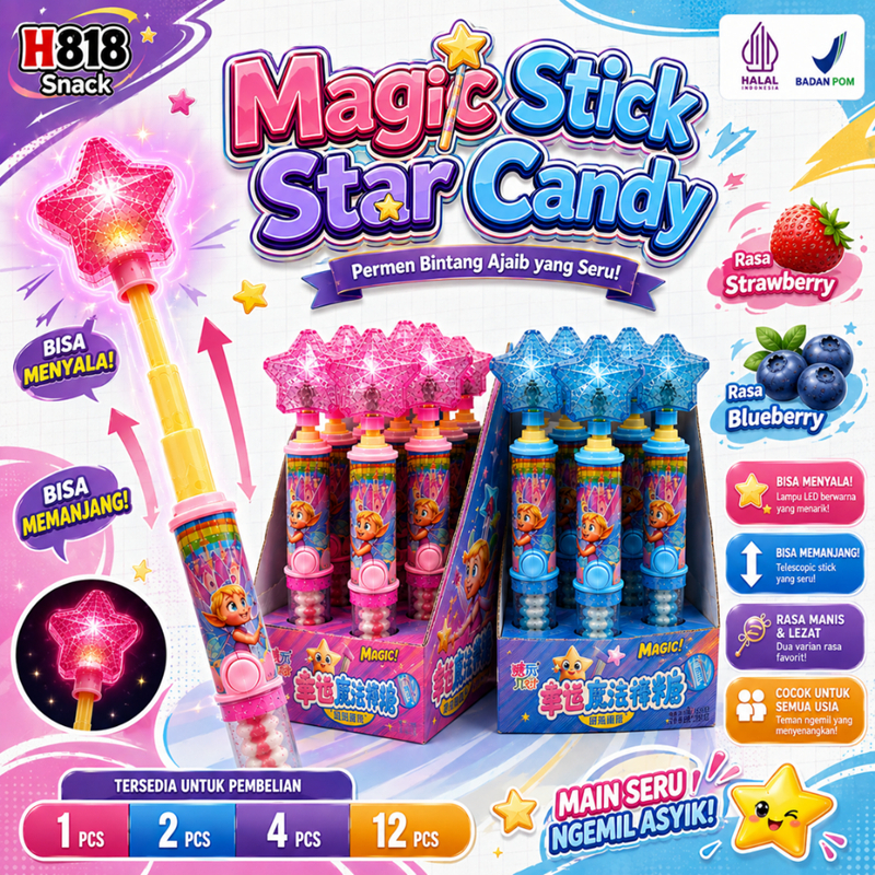 Magic Stick Star Candy– Permen Lolipop Bintang LED Lampu Menyala Rasa Buah | Permen Halal Mainan Ana