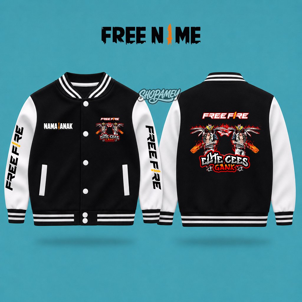 Jaket Varsity Anak Free Fire FF Pro Player Premium Baseball Anak laki-laki perempuan Usia 3-12 Tahun
