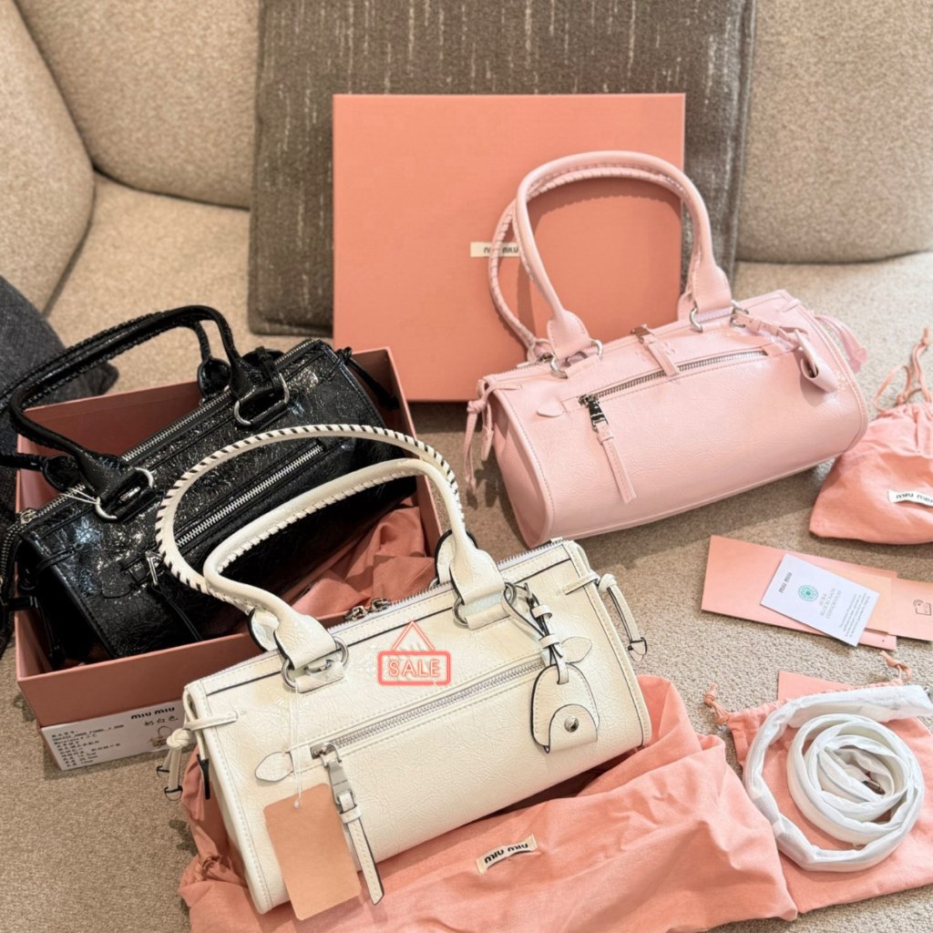 Vintage Boston Handbag MIU Top‑Grain Cowhide Waxed Leather Shoulder Bag Women's Pink Bag Accessories