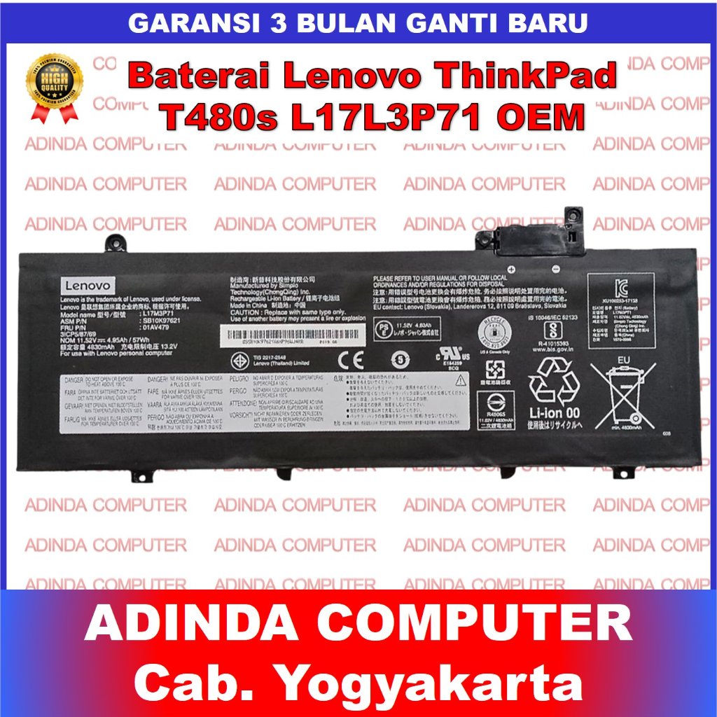 Baterai Lenovo Thinkpad T480S 01AV478 01AV479 01AV480 L17L3P71 L17S3P71 SB10K97620