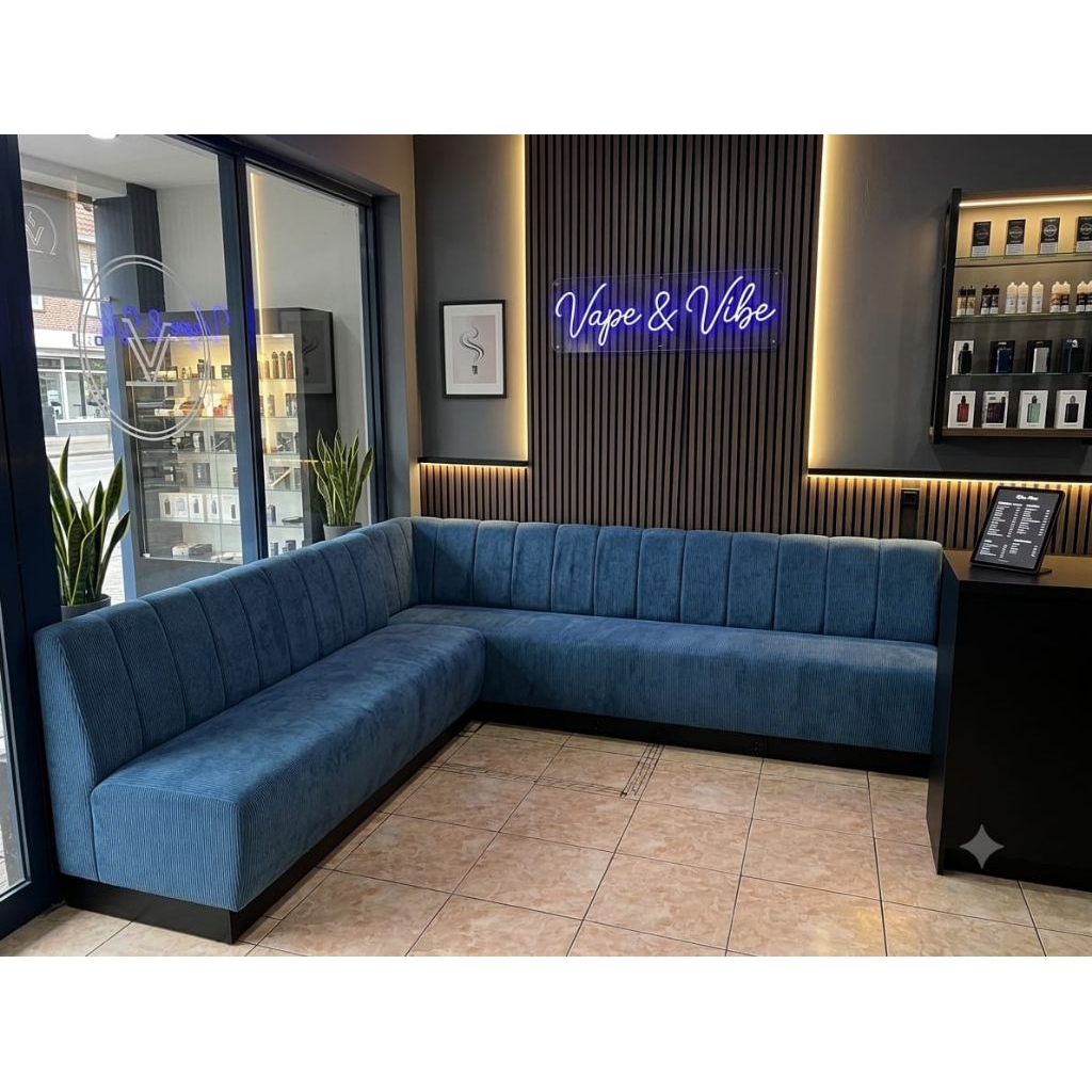 Sofa Cafe L Minimalis Booth Standar Resto / Sofa Sudut Bench Tempat Duduk Cafe Motif Biru