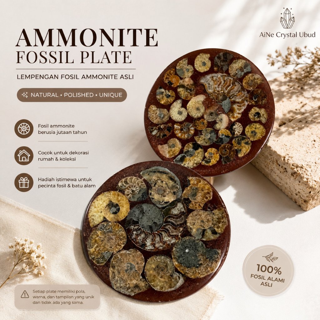 Piring Pajangan Fosil Ammonite Resin Bulat | Ammonite Fossil Display Plate Dekorasi Koleksi