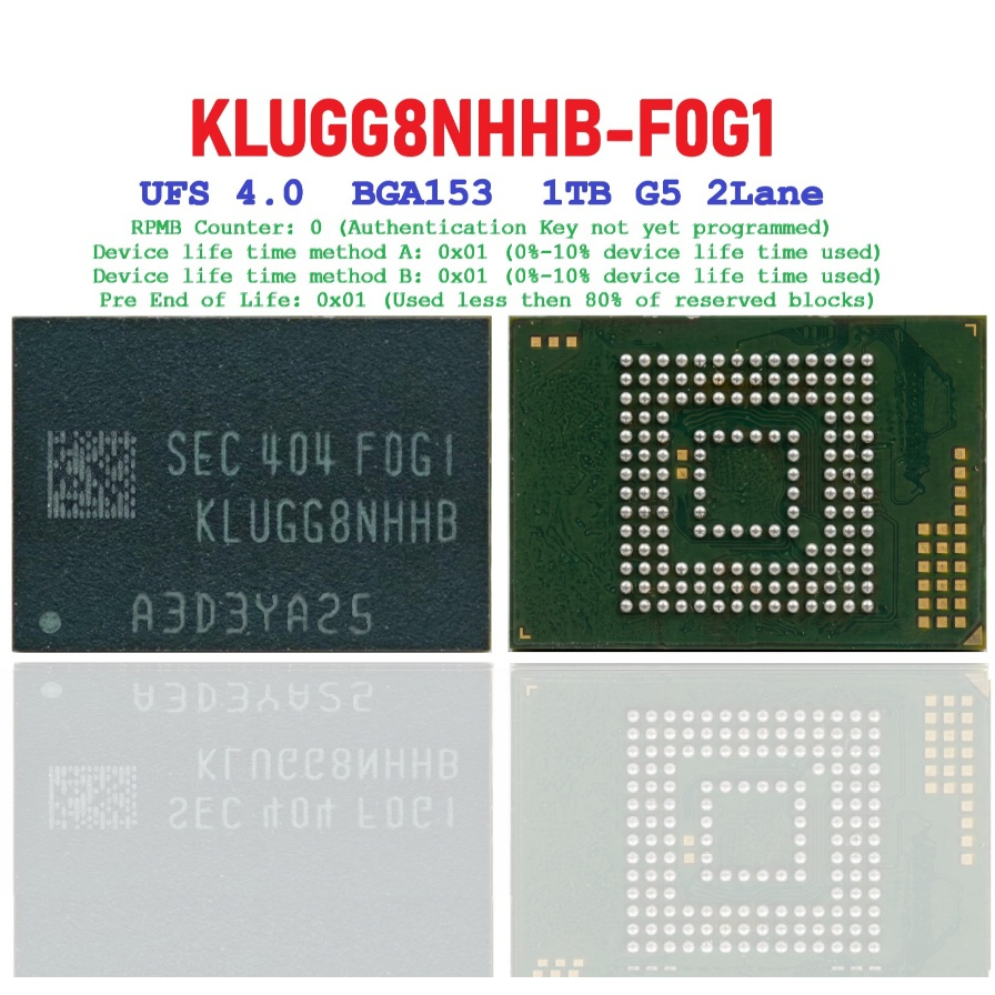 IC UFS 4.0 KLUG 1TB Samsung KLUGG8NHHB F0G1 BGA153 G5 2Lane RPMB Clean KLUGG 1000GB