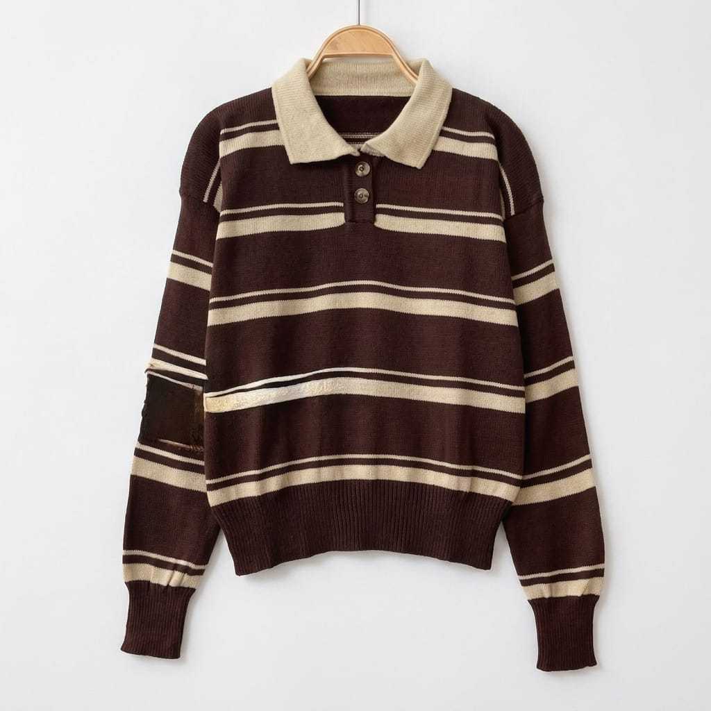 Cardigan Rajut Wanita Atasan Baju Berkerah Polo motif salur bergaris Stripe Coklat Mahogany B1141