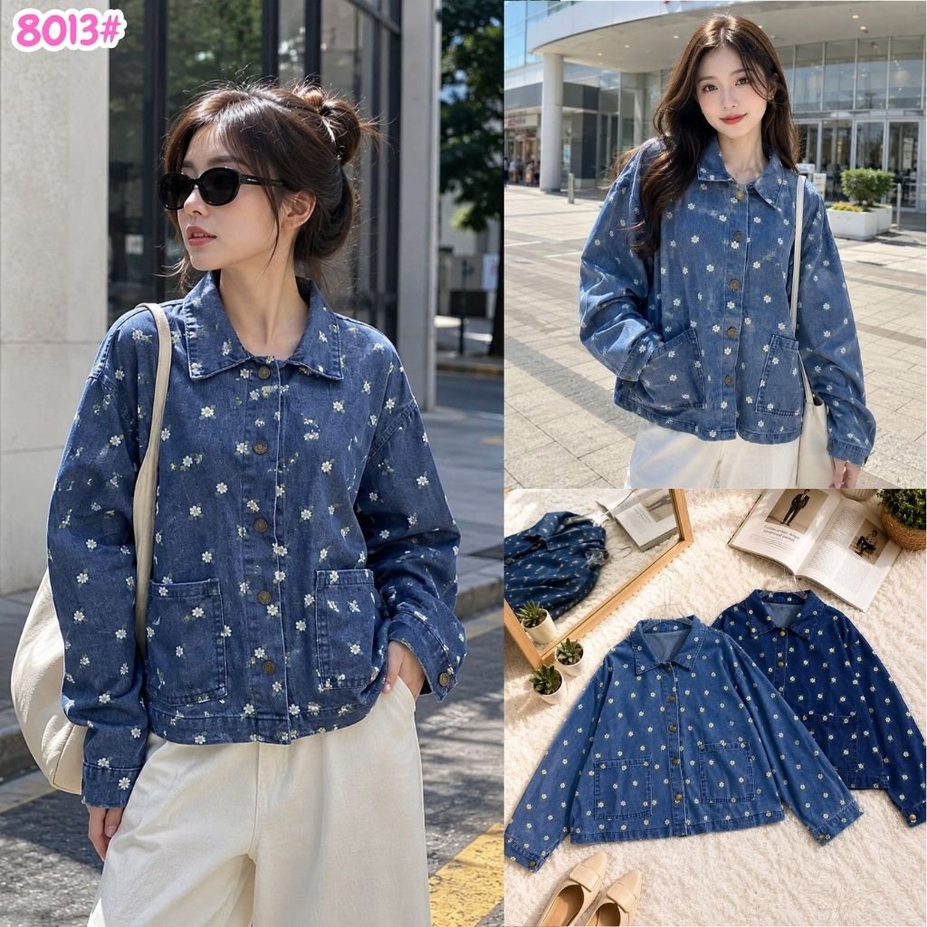 HAPPY SHOP - ATASAN JACKET BUNGA WANITA 8013# JEANS PREMIUM LENGAN PANJANG OUTER OVERSIZE