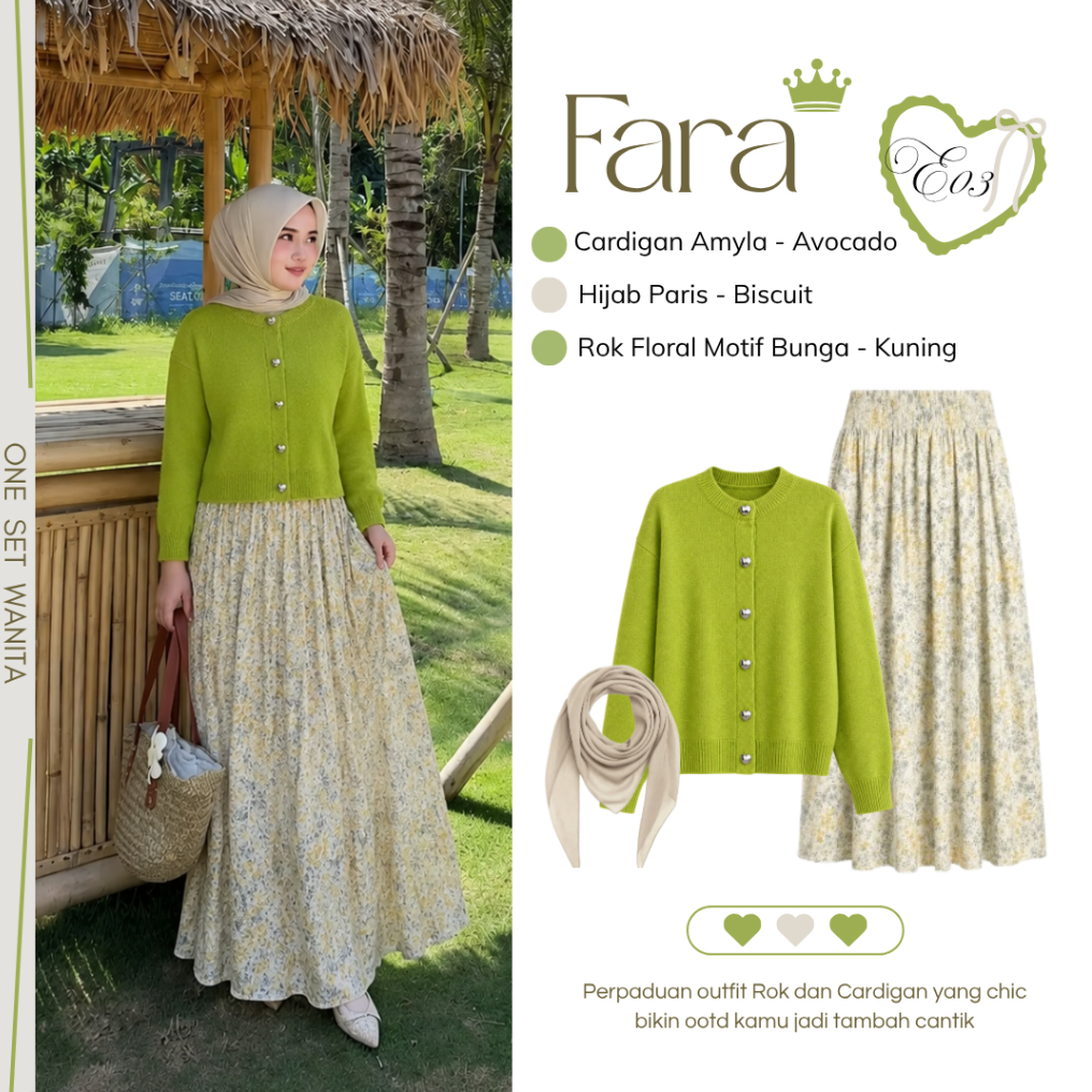 One Set Avocado Outfit (Cardigan Amyla - Avocado,Hijab Paris - Biscuit,Rok Floral Motif Bunga - Kuni