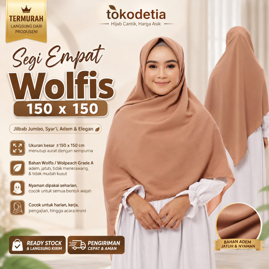 Jilbab Segi Empat Wolfis 150 x 150 Syari Jumbo Hijab Polos Premium