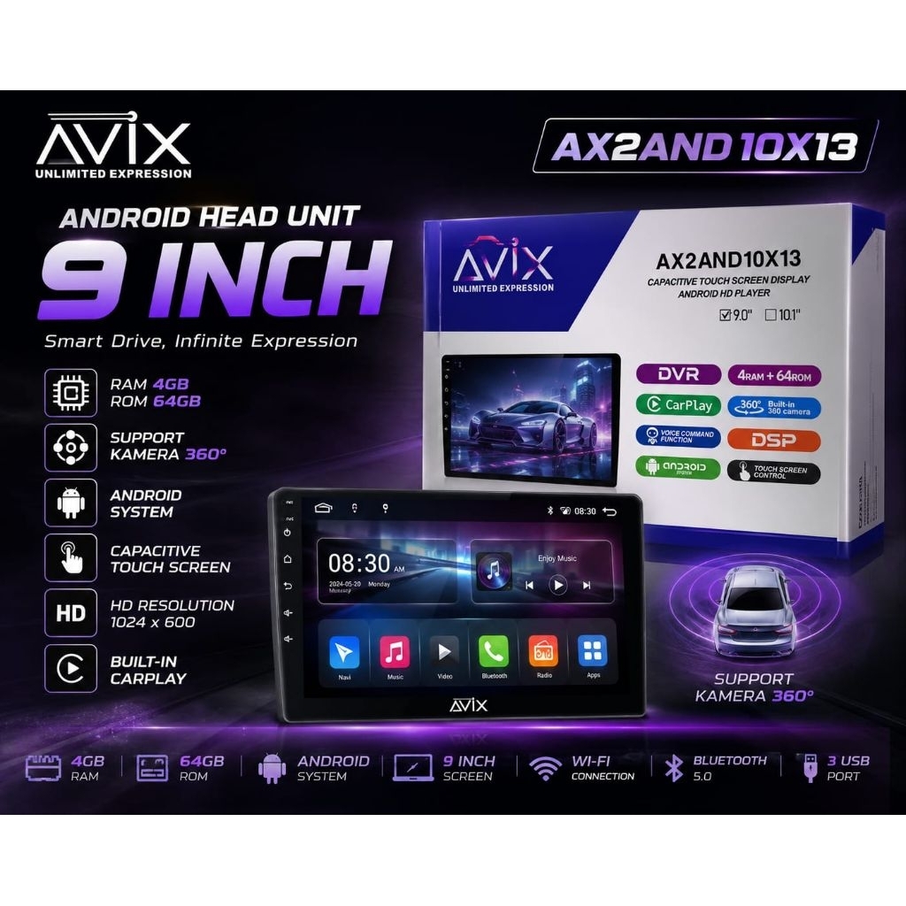 Head Unit Android AVIX AX2AND10X13 9 Inch RAM 4/64GB Support Kamera 360° CarPlay DSP