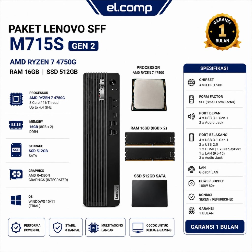 PAKET RYZEN 7 LENOVO SFF M715S GEN 2 + AMD RYZEN 7 4750G + RAM (8X2)16GB + SSD 512GB GARANSI 1 BULAN