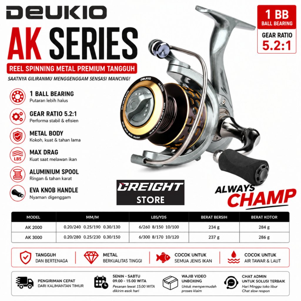 Reel Pancing Spinning DEUKIO AK Series 2000 3000 1BB Reel Spinning Metal