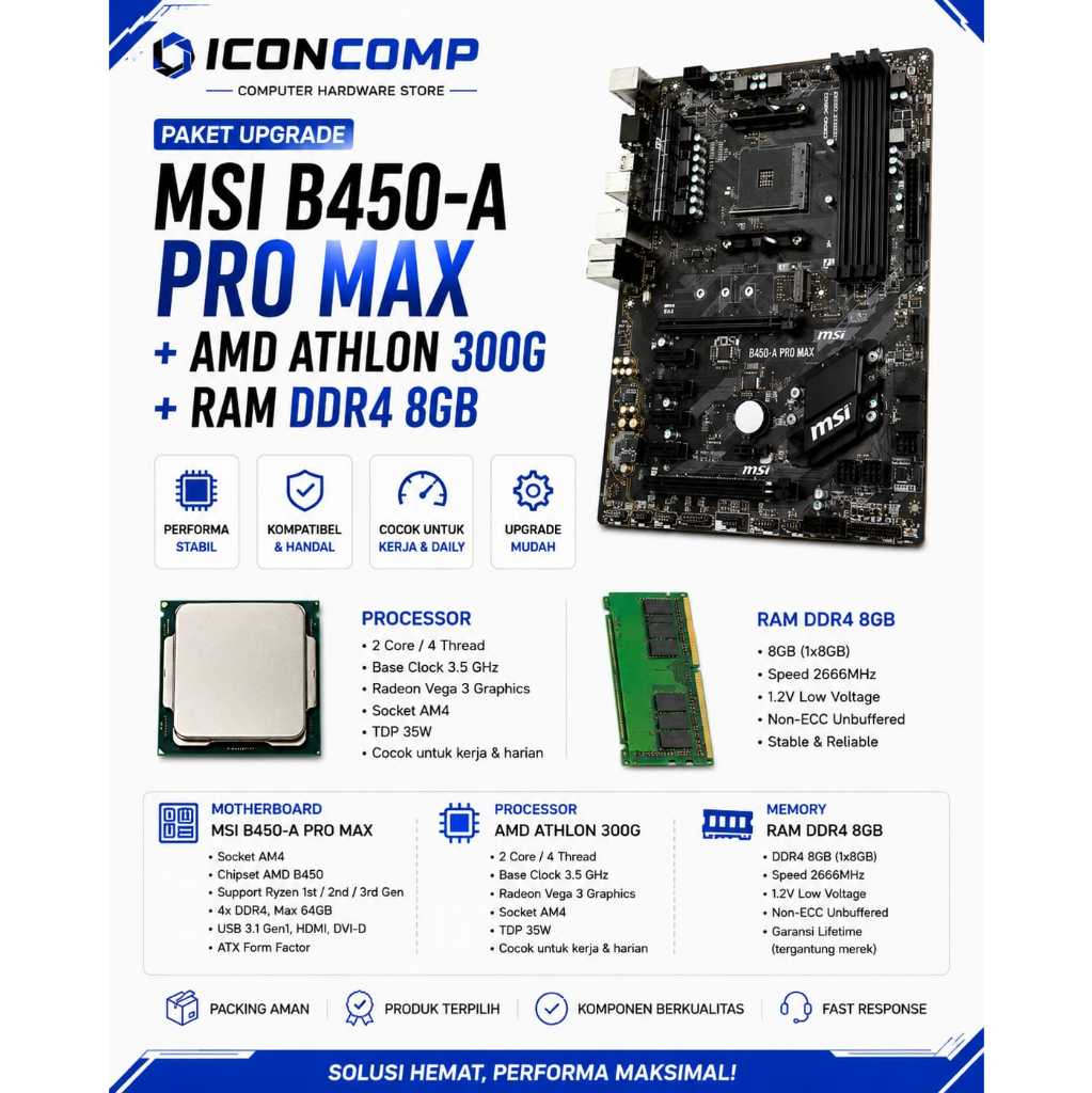 Paket Motherboard AMD MSI B450-A PRO MAX +Proce Athlon 3000G +  RAM D4 8GB + SSD M.2 128GB 2ND